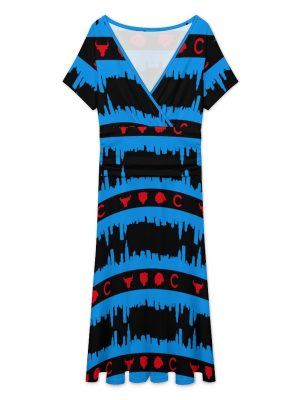 Chicago Flag Skyline Sports Painting Women's Midi Dress Short Sleeve Dresses V Neck Sundress Casual Summer