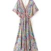 Women Peacock Floral Print Bat Sleeve Beach Bohemian Maxi Dresses V Neck Tassel Summer Dress