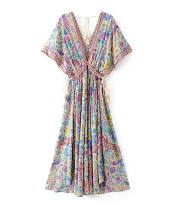 Women Peacock Floral Print Bat Sleeve Beach Bohemian Maxi Dresses V Neck Tassel Summer Dress