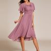 Women's Chiffon Crew Neck Pleated Waist Short Sleeve Wedding Guest Dress 02053