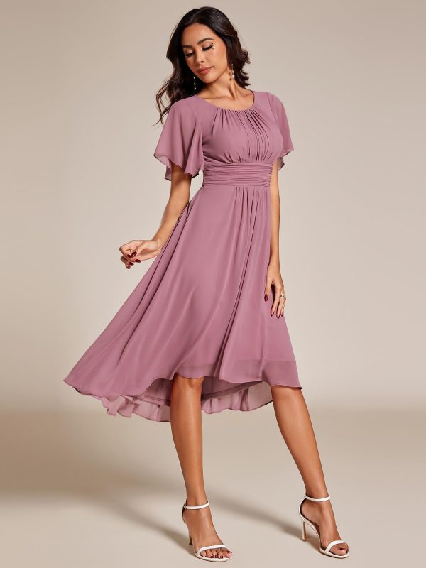Women's Chiffon Crew Neck Pleated Waist Short Sleeve Wedding Guest Dress 02053