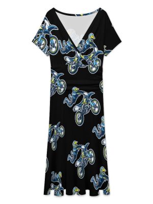 Motocross Rider Women's Midi Dress Short Sleeve Dresses V Neck Sundress Casual Summer