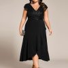 Women's Summer V Neck A Line Sequin Cap Sleeves Tea Length Plus Size Formal Wedding Guest Dresses