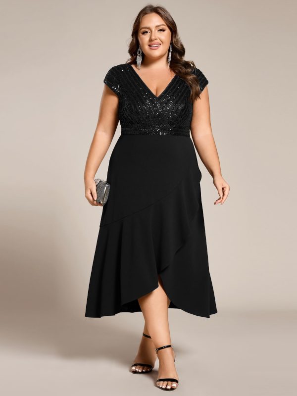 Women's Summer V Neck A Line Sequin Cap Sleeves Tea Length Plus Size Formal Wedding Guest Dresses