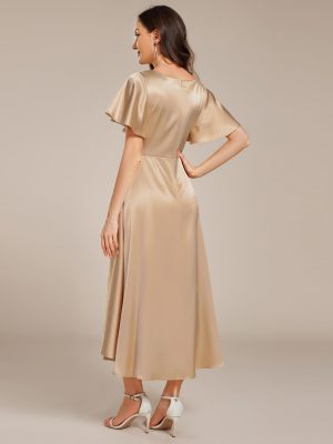 Women's Satin Short Ruffles Sleeves A Line Empire Waist Wedding Guest Dress with Pockets 02335