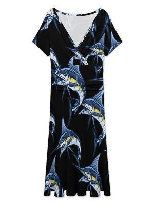 Marlin Fish Women's Midi Dress Short Sleeve Dresses V Neck Sundress Casual Summer