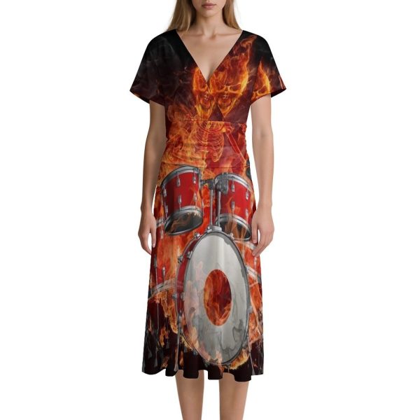 Rock Roll Drums Flame Drummer Skull Women's Midi Dress Short Sleeve Dresses V Neck Sundress Casual Summer