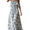 Women's Summer Off The Shoulder Maxi Dress Ruffle Strapless Blue White Porcelain Boho Casual Loose Long Dresses