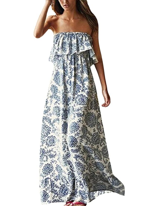 Women's Summer Off The Shoulder Maxi Dress Ruffle Strapless Blue White Porcelain Boho Casual Loose Long Dresses