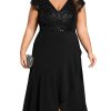 Women's Summer V Neck A Line Sequin Cap Sleeves Tea Length Plus Size Formal Wedding Guest Dresses