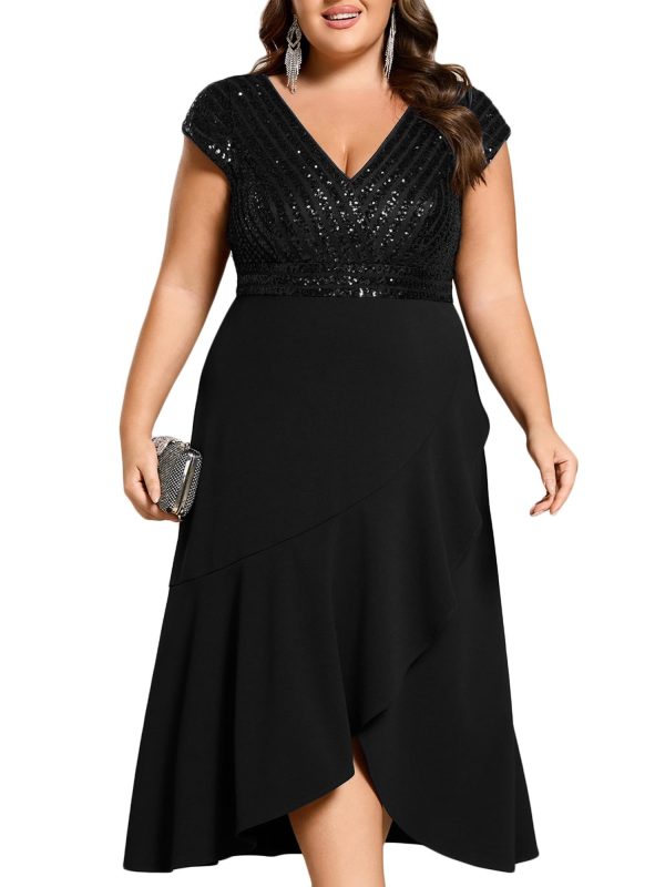 Women's Summer V Neck A Line Sequin Cap Sleeves Tea Length Plus Size Formal Wedding Guest Dresses