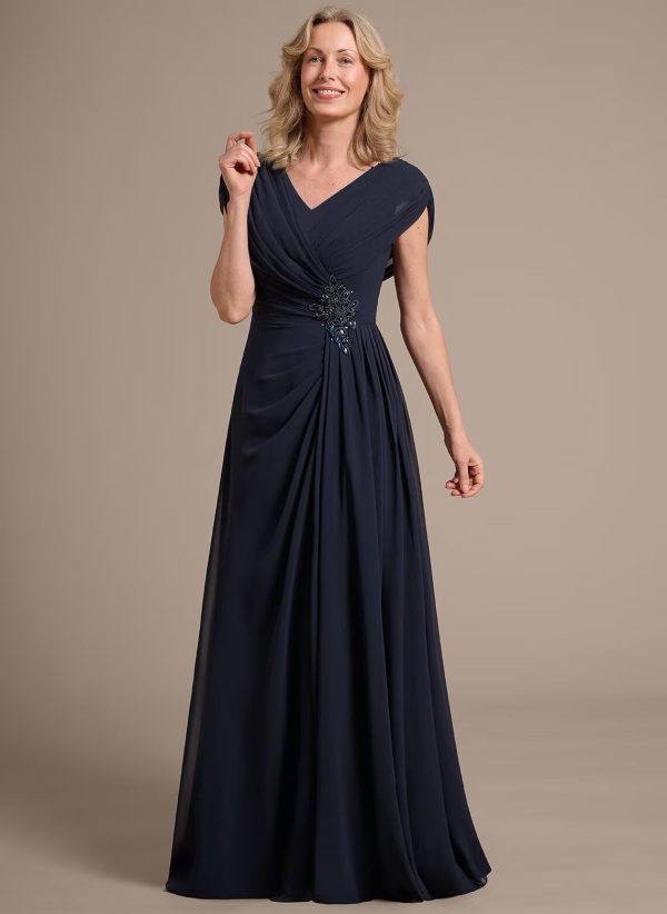 Women's Cap Sleeves Mother of The Bride Dress 2025 Chiffon Long Ruched A Line Formal Dresses YZTS122