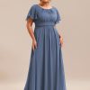 Women's Summer Round Neck A Line Pleated Chiffon Short Sleeves Plus Size Formal Gowns Bridesmaid Dresses