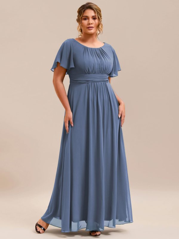 Women's Summer Round Neck A Line Pleated Chiffon Short Sleeves Plus Size Formal Gowns Bridesmaid Dresses