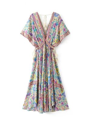 Women Peacock Floral Print Bat Sleeve Beach Bohemian Maxi Dresses V Neck Tassel Summer Dress