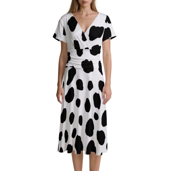 Dalmatian Print Women's Midi Dress Short Sleeve Dresses V Neck Sundress Casual Summer