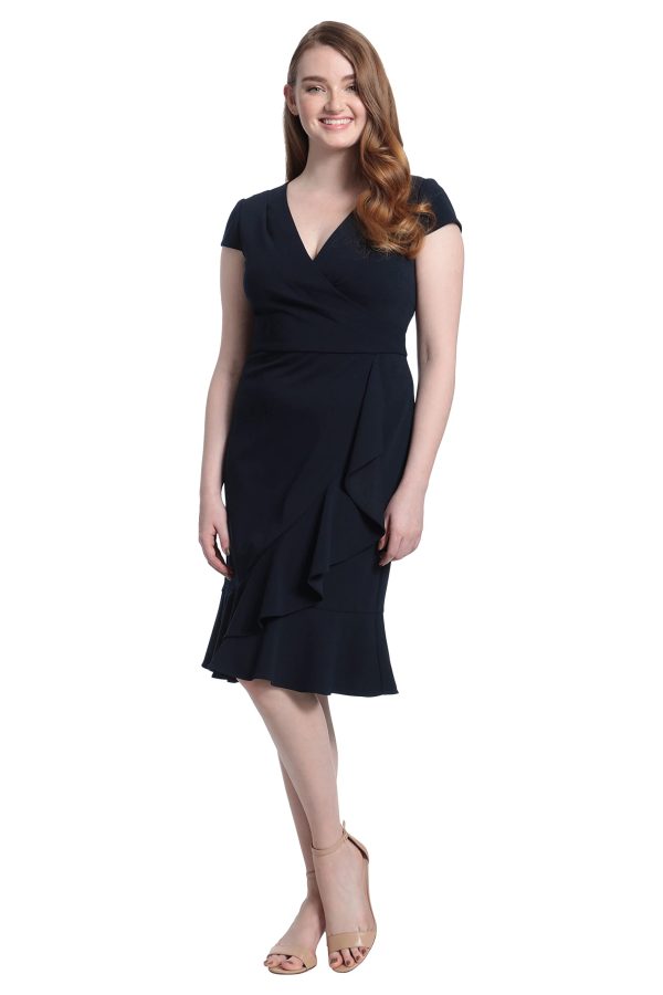 Women's Feminine Ageless Surplice V-Neck Faux Wrap Ruffle Dress Office Event Shower Guest of
