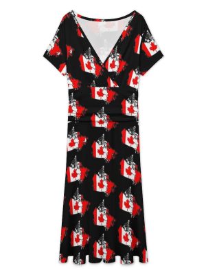 Canadian Flag Map Women's Midi Dress Short Sleeve Dresses V Neck Sundress Casual Summer