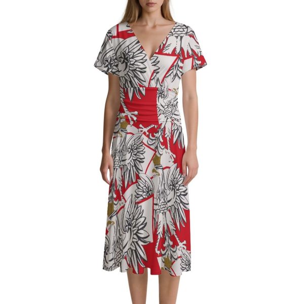 Polish Eagle Flag Women's Midi Dress Short Sleeve Dresses V Neck Sundress Casual Summer