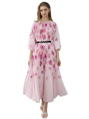 Women Long Sleeve Maxi Dress Watercolor Floral Print Crewneck Casual Pleated Summer Long Dresses with Belt