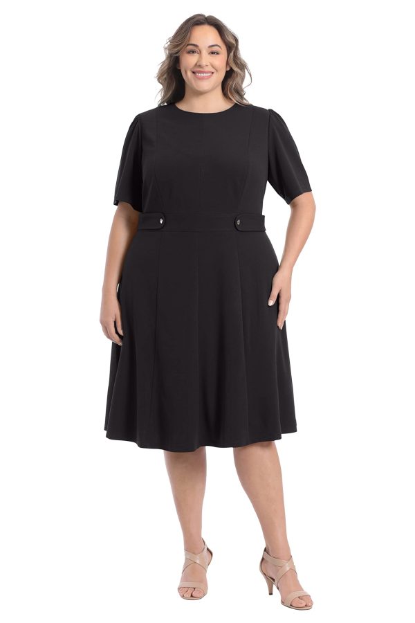 Women's Knit Eyelet Short Sleeve Crepe Inset Waist Midi with Button Detail