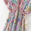 Women Peacock Floral Print Bat Sleeve Beach Bohemian Maxi Dresses V Neck Tassel Summer Dress