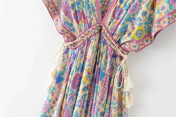 Women Peacock Floral Print Bat Sleeve Beach Bohemian Maxi Dresses V Neck Tassel Summer Dress