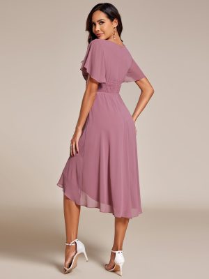 Women's Chiffon Crew Neck Pleated Waist Short Sleeve Wedding Guest Dress 02053