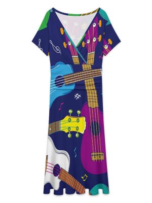 Hawaiian Beginner Ukulele Women's Midi Dress Short Sleeve Dresses V Neck Sundress Casual Summer