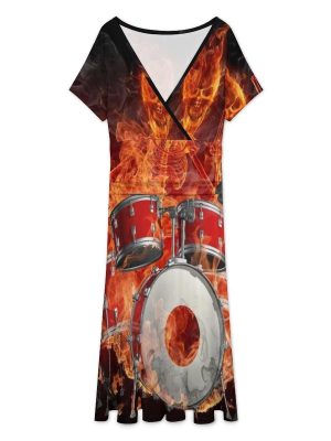 Rock Roll Drums Flame Drummer Skull Women's Midi Dress Short Sleeve Dresses V Neck Sundress Casual Summer