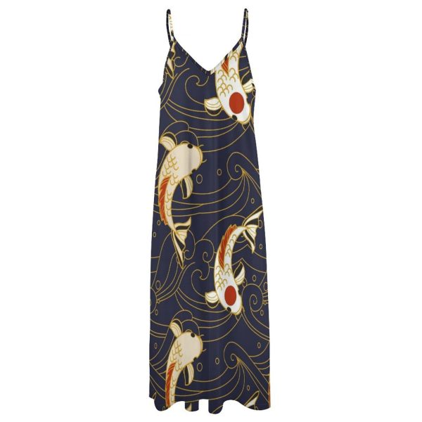 Japan Waves Fish Maxi Dress for Women Summer Casual Sleeveless V Neck Spaghetti Dresses