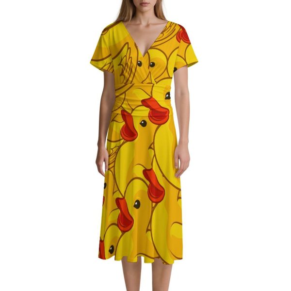 Rubber Yellow Duck Women's Midi Dress Short Sleeve Dresses V Neck Sundress Casual Summer