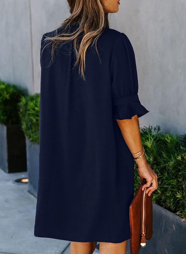 Shift Dress for Women V Neck Short Sleeves Solid Color Casual Flowy Summer Dresses(S-2XL)