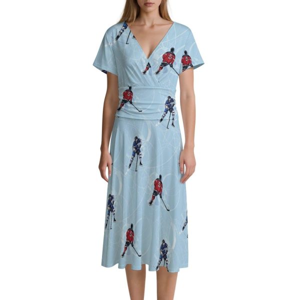 Ice Hockey Players Women's Midi Dress Short Sleeve Dresses V Neck Sundress Casual Summer