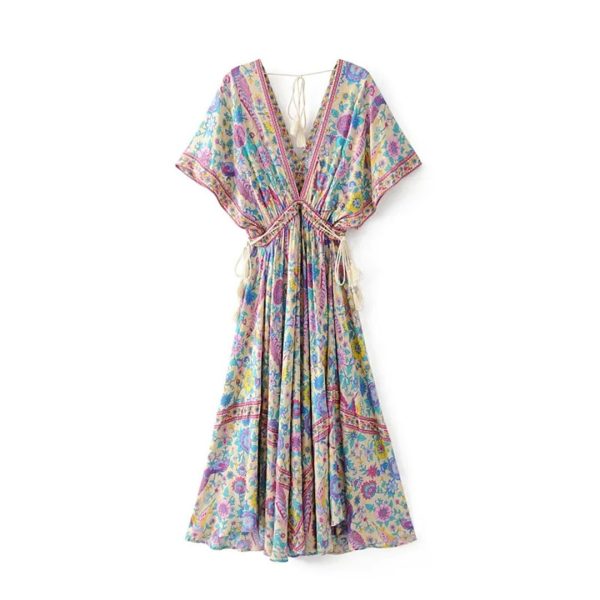 Women Peacock Floral Print Bat Sleeve Beach Bohemian Maxi Dresses V Neck Tassel Summer Dress