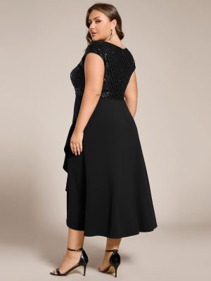 Women's Summer V Neck A Line Sequin Cap Sleeves Tea Length Plus Size Formal Wedding Guest Dresses