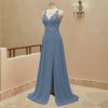 Lace Appliques Chiffon Bridesmaid Dresses 2025 Long Beaded Prom Dress A Line Formal Party Evening Gowns with Slit for Women