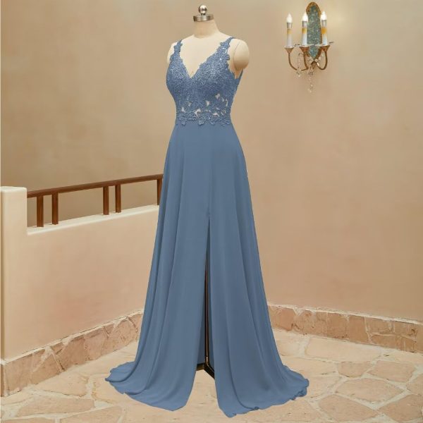 Lace Appliques Chiffon Bridesmaid Dresses 2025 Long Beaded Prom Dress A Line Formal Party Evening Gowns with Slit for Women