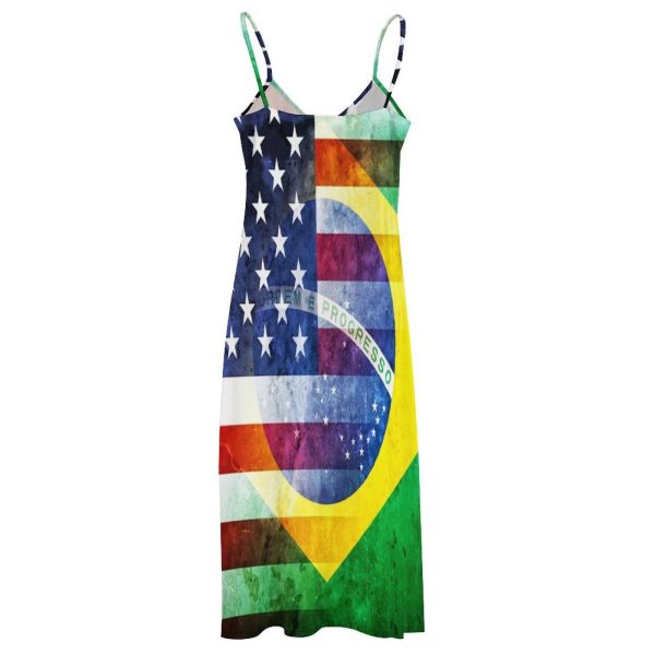 Vintage U.S.A. and Brazil Flag Maxi Dress for Women Summer Casual Sleeveless V Neck Spaghetti Dresses