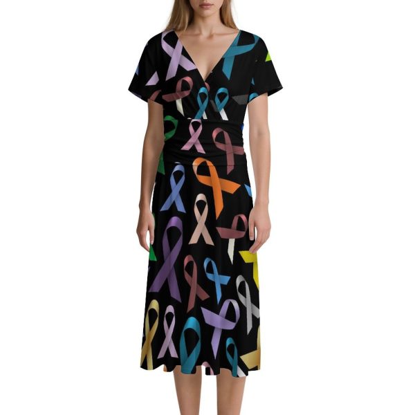 Cancer Awareness Color Ribbons Women's Midi Dress Short Sleeve Dresses V Neck Sundress Casual Summer