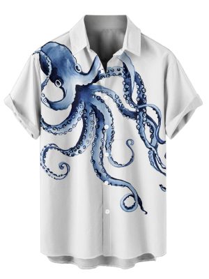 Couple Matching Hawaiian Outfits Gothic Octopus Print V Neck Spaghetti Strap Dress or Roll Up Sleeve Shirts Outfit