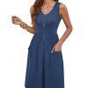 Women Summer Dresses Sleeveless Casual Loose Swing Button Down Midi Dress with Pockets