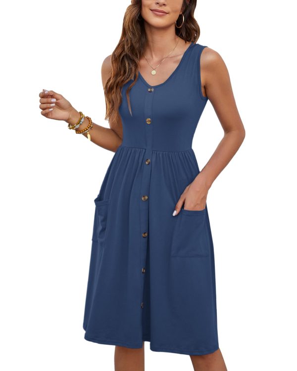 Women Summer Dresses Sleeveless Casual Loose Swing Button Down Midi Dress with Pockets