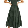 Women's 2025 Summer Casual Midi Dress Puffy Short Sleeve Square Neck Smocked Tiered Ruffle Dresses