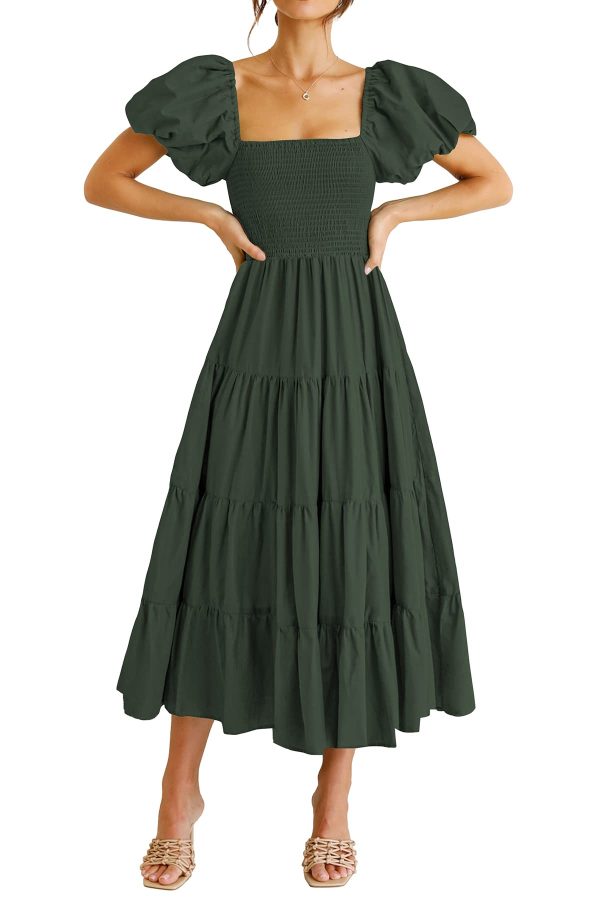 Women's 2025 Summer Casual Midi Dress Puffy Short Sleeve Square Neck Smocked Tiered Ruffle Dresses