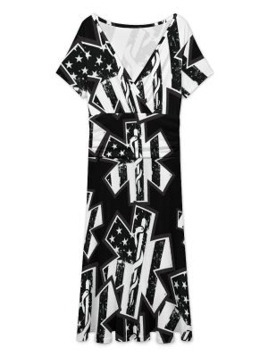 U.S.A. Flag with EMS Star of Life Women's Midi Dress Short Sleeve Dresses V Neck Sundress Casual Summer