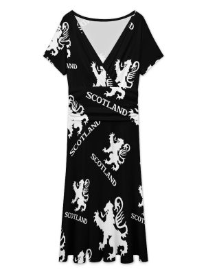 Lion Rampant Scotland Scottish Women's Midi Dress Short Sleeve Dresses V Neck Sundress Casual Summer