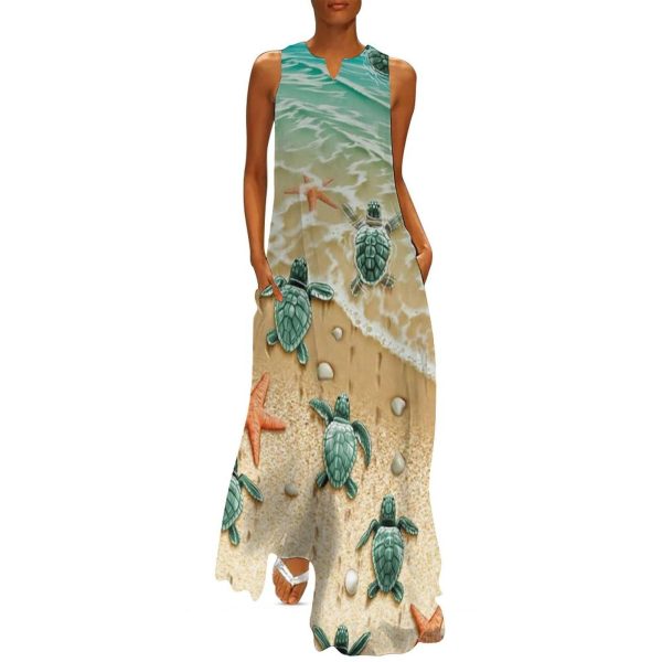 Sea Turtles Women's Maxi Dress Summer Sleeveless Casual Long Dresses with Pockets
