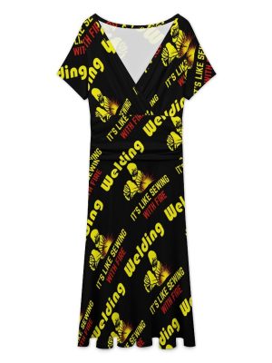 Welding It's Like Sewing with Fire Women's Midi Dress Short Sleeve Dresses V Neck Sundress Casual Summer