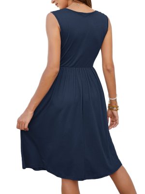 Women Summer Dresses Sleeveless Casual Loose Swing Button Down Midi Dress with Pockets